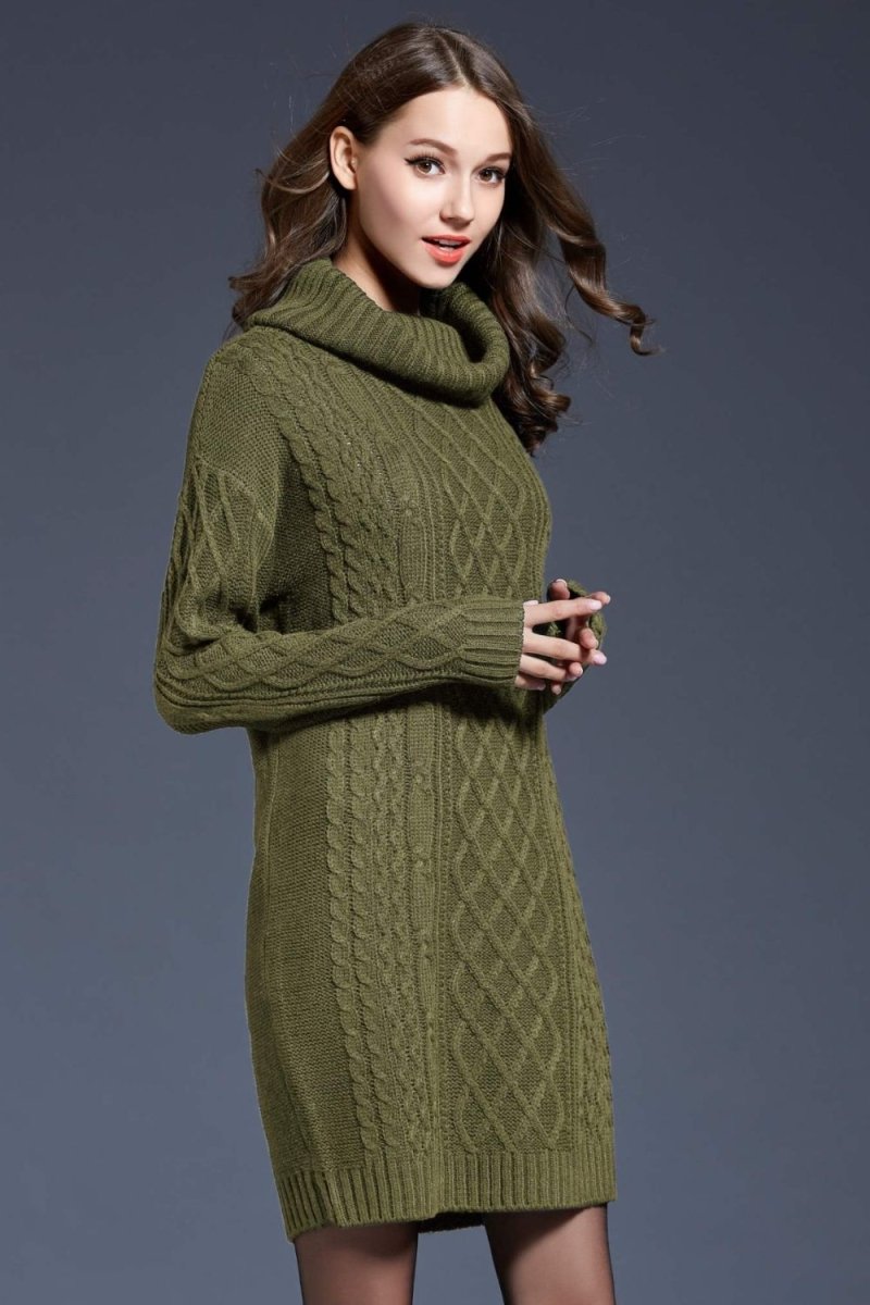 Woven Right Full Size Mixed Knit Cowl Neck Dropped Shoulder Sweater Dress - Sweater Dress