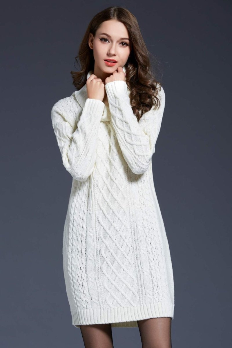 Woven Right Full Size Mixed Knit Cowl Neck Dropped Shoulder Sweater Dress - Sweater Dress