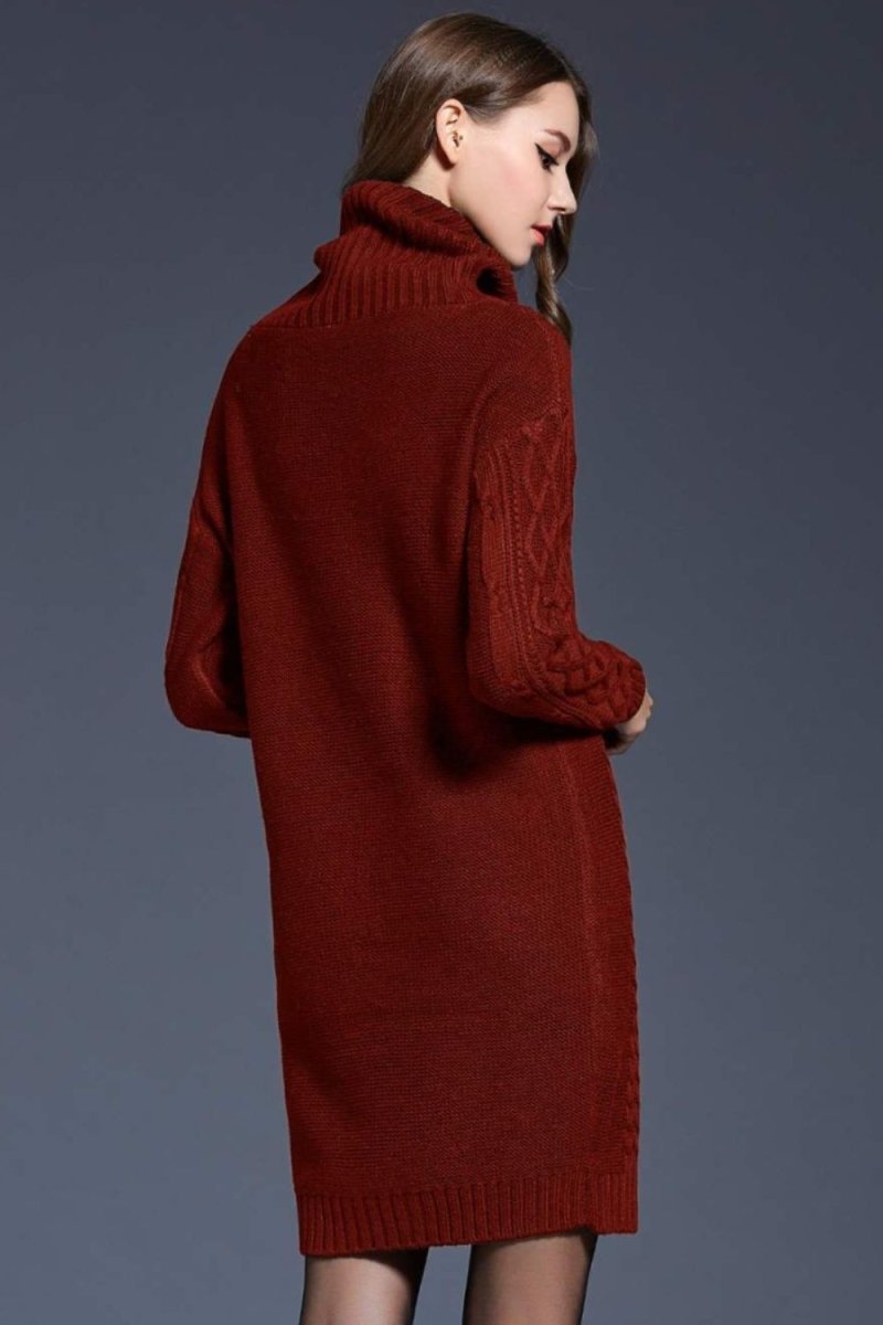 Woven Right Full Size Mixed Knit Cowl Neck Dropped Shoulder Sweater Dress - Sweater Dress