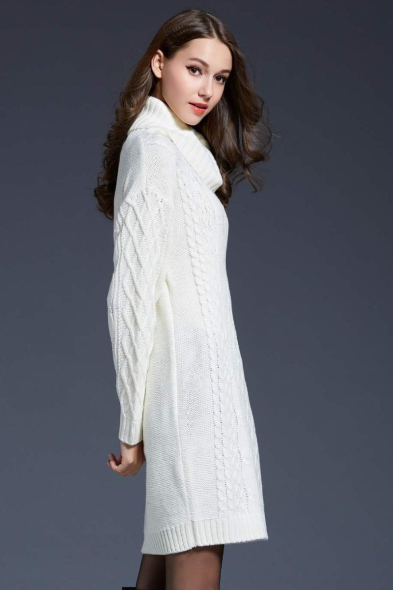 Woven Right Full Size Mixed Knit Cowl Neck Dropped Shoulder Sweater Dress - Sweater Dress