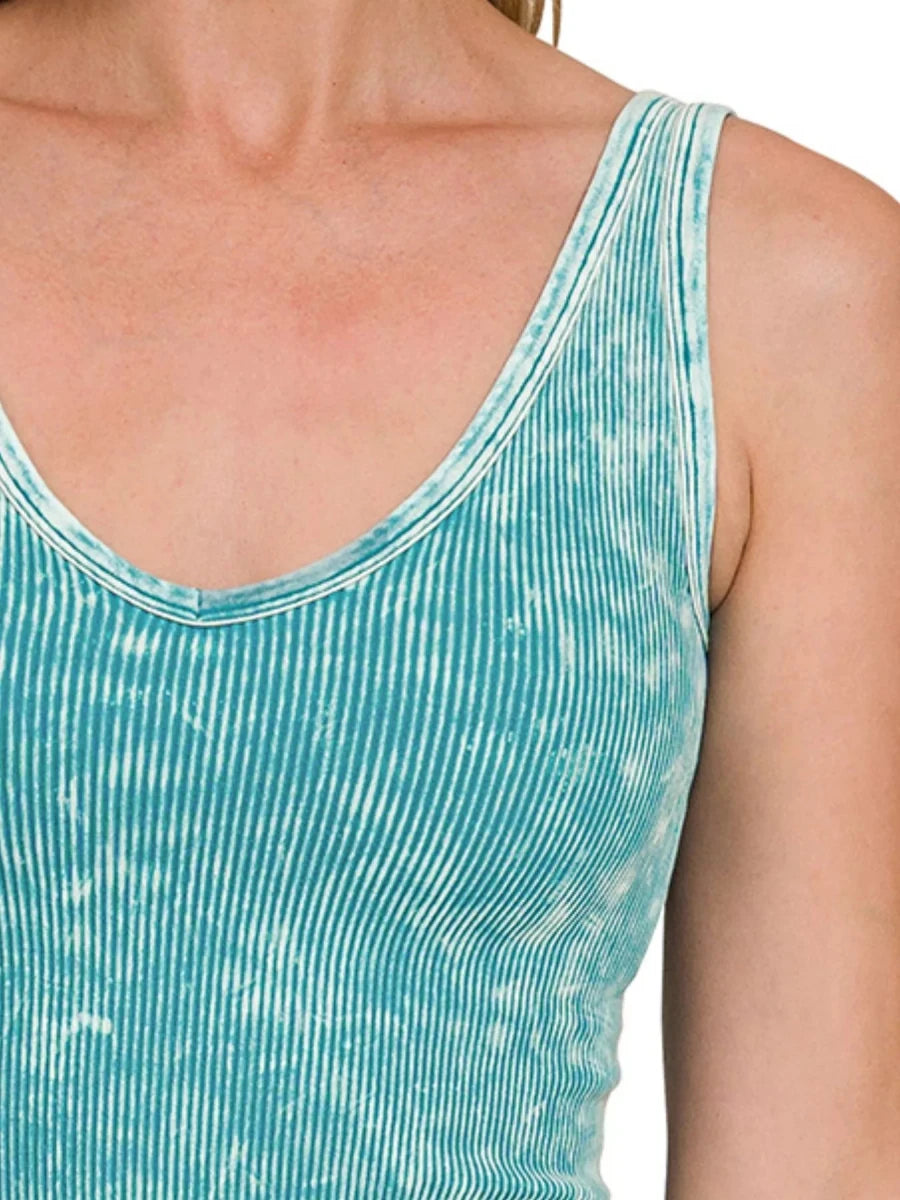 Zenana 2 Way Neckline Washed Ribbed Seamless Tank Top - 