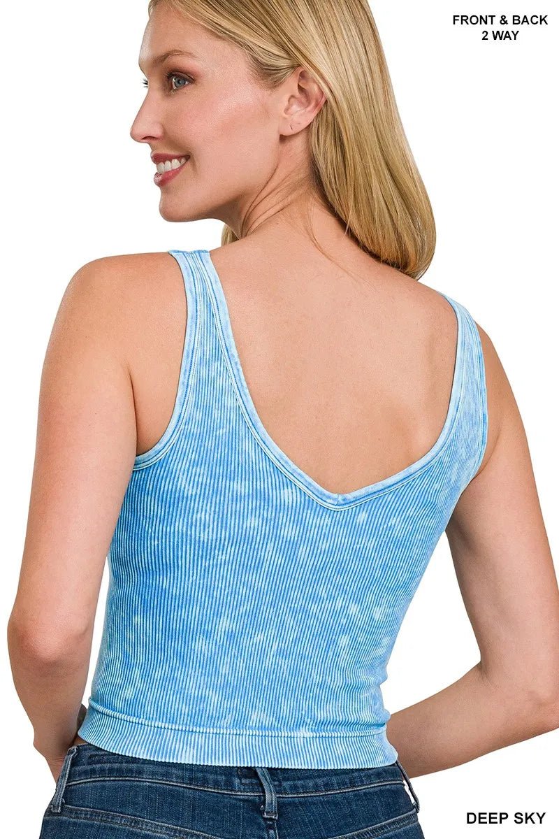 Zenana 2 Way Neckline Washed Ribbed Seamless Tank Top - 