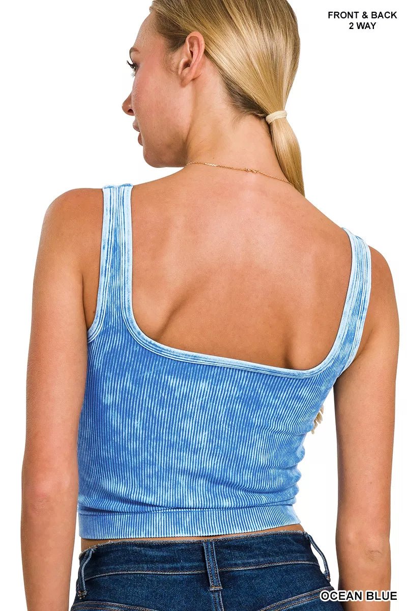 Zenana 2 Way Neckline Washed Ribbed Seamless Tank Top - 