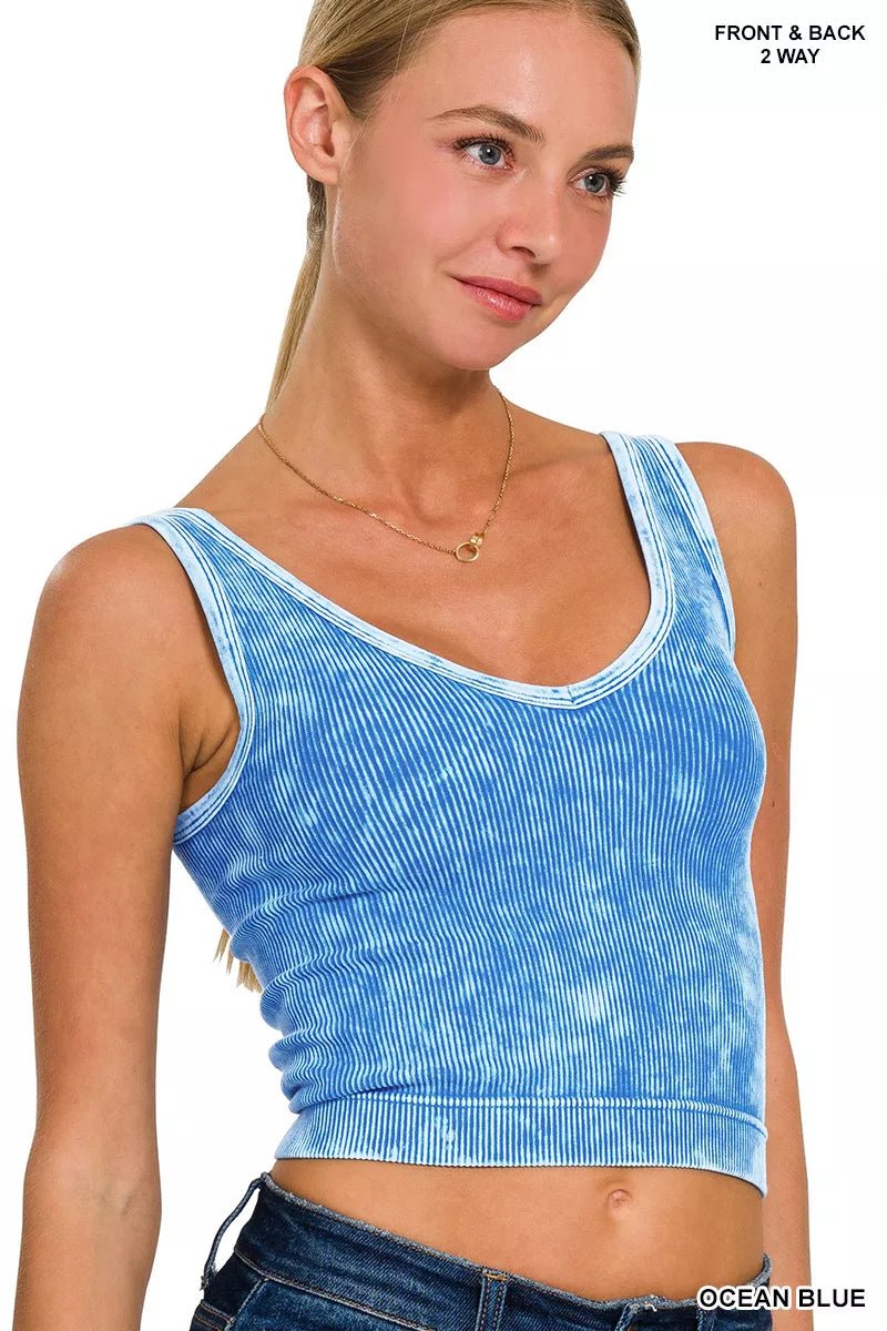 Zenana 2 Way Neckline Washed Ribbed Seamless Tank Top - 