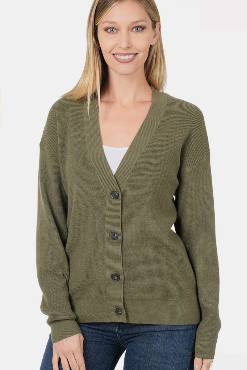 Zenana Button Up V - Neck Dropped Shoulder Cardigan - Outerwear