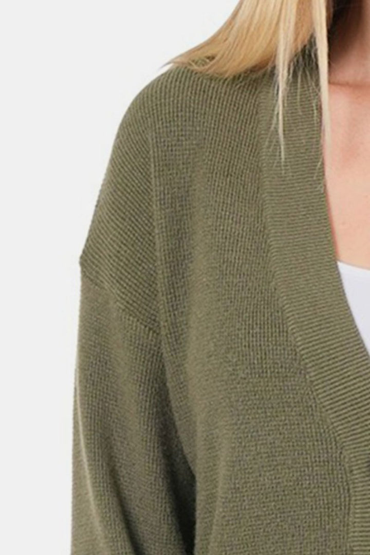 Zenana Button Up V - Neck Dropped Shoulder Cardigan - Outerwear