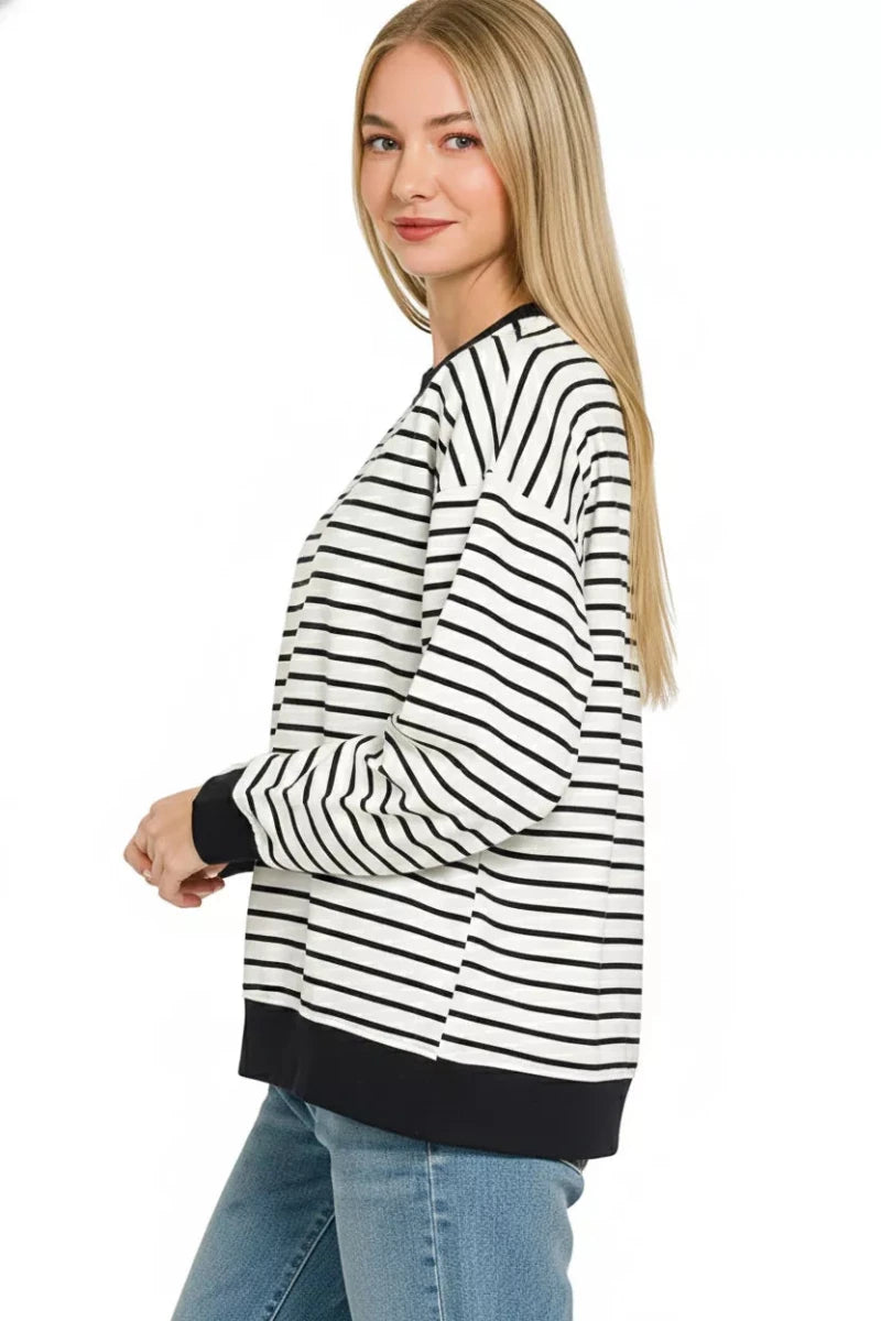 Zenana Contrast Striped Round Neck Sweatshirt - 