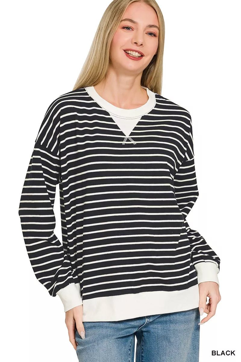 Zenana Contrast Striped Round Neck Sweatshirt - 