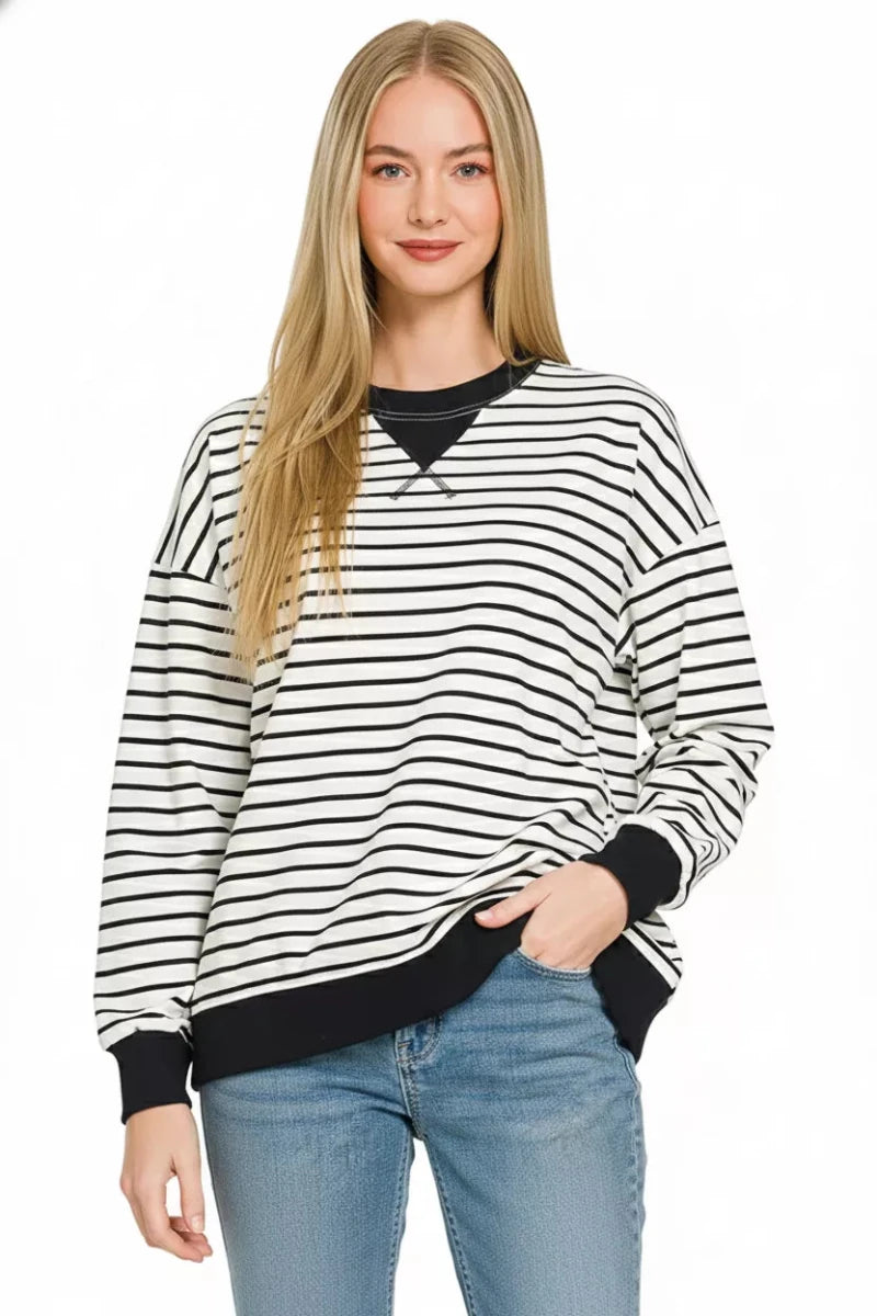 Zenana Contrast Striped Round Neck Sweatshirt - 