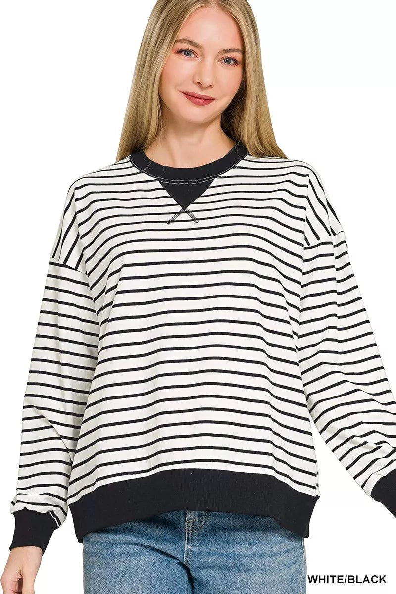 Zenana Contrast Striped Round Neck Sweatshirt - 