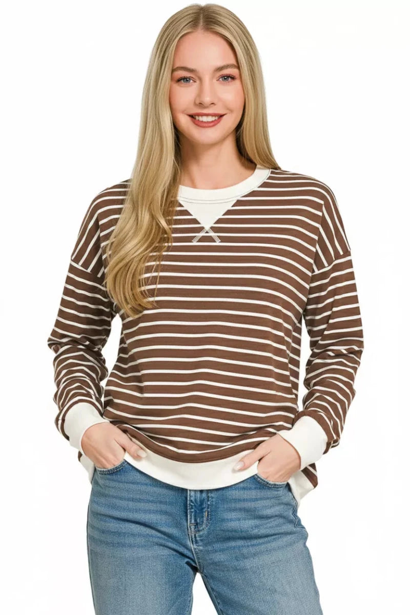 Zenana Contrast Striped Round Neck Sweatshirt - 