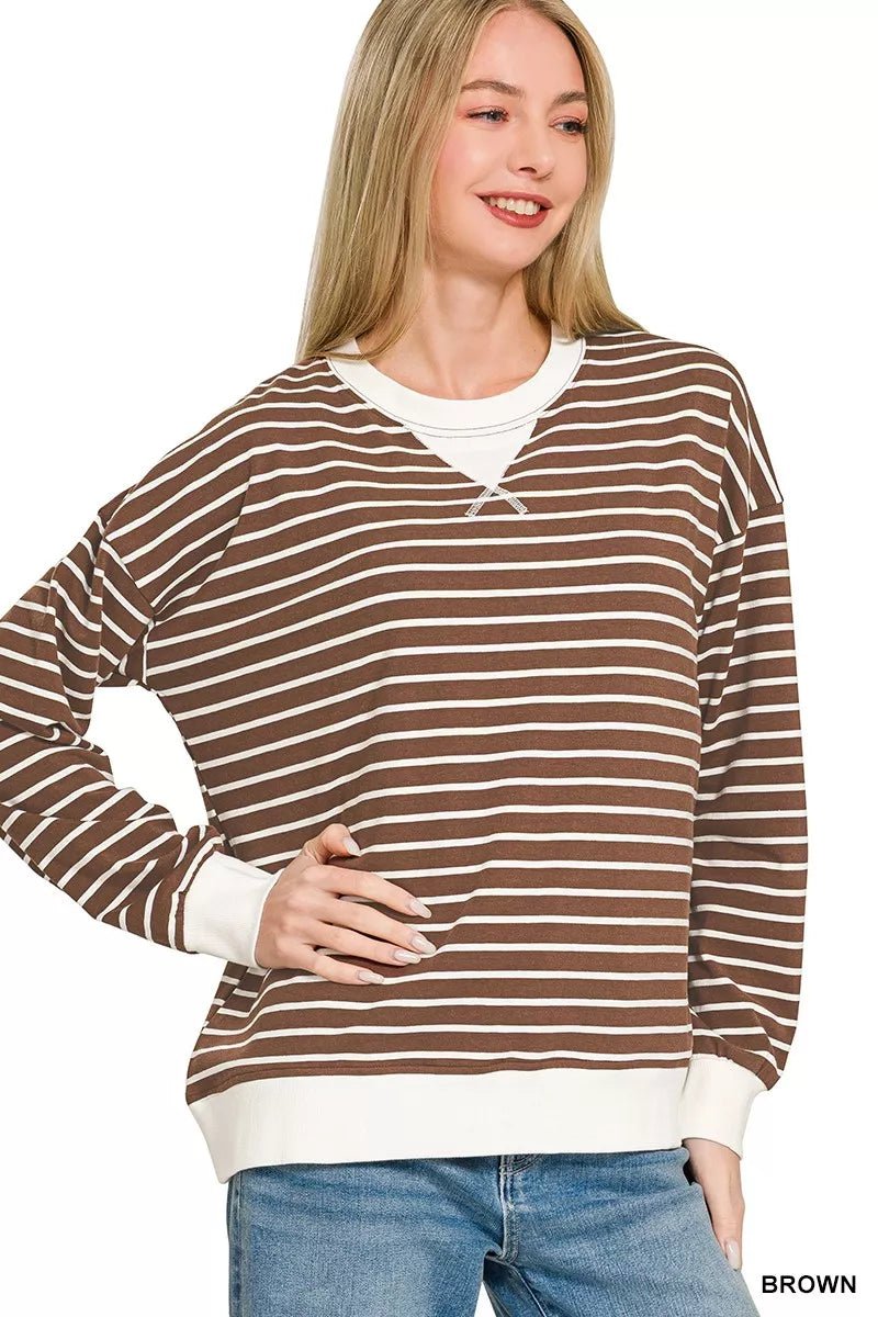 Zenana Contrast Striped Round Neck Sweatshirt - 