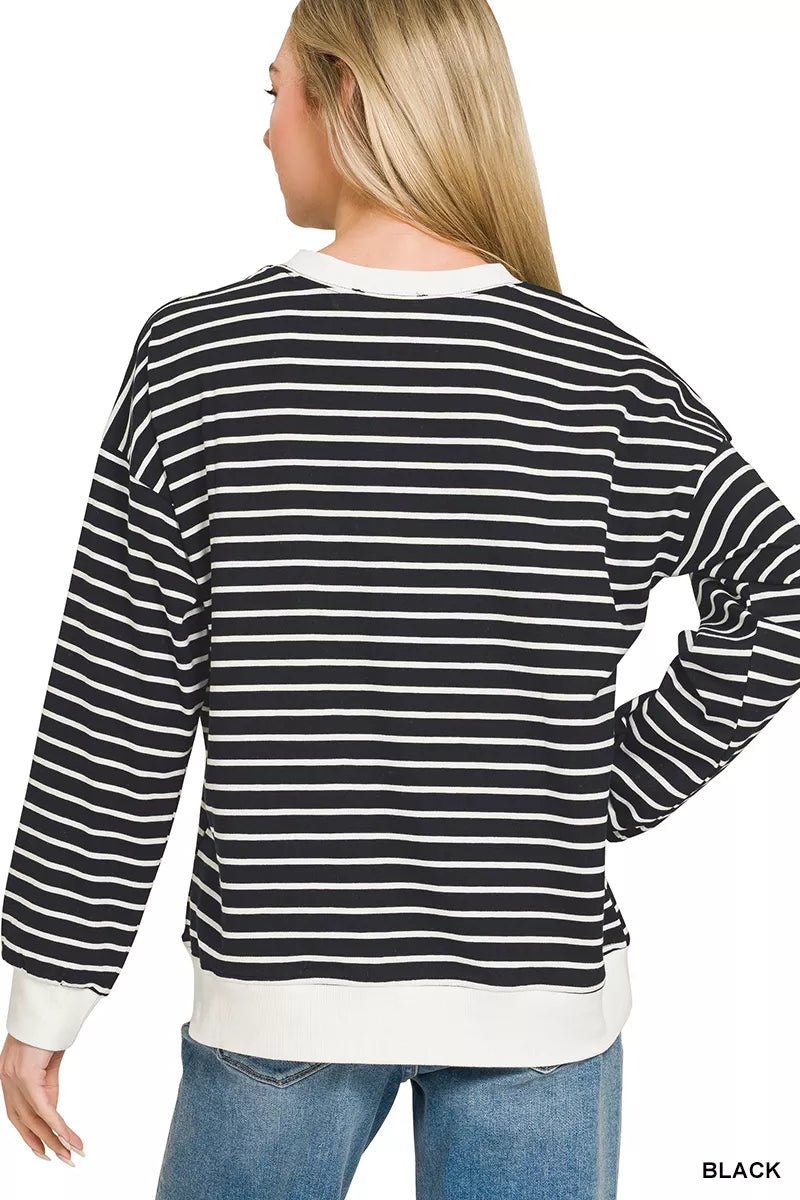 Zenana Contrast Striped Round Neck Sweatshirt - 
