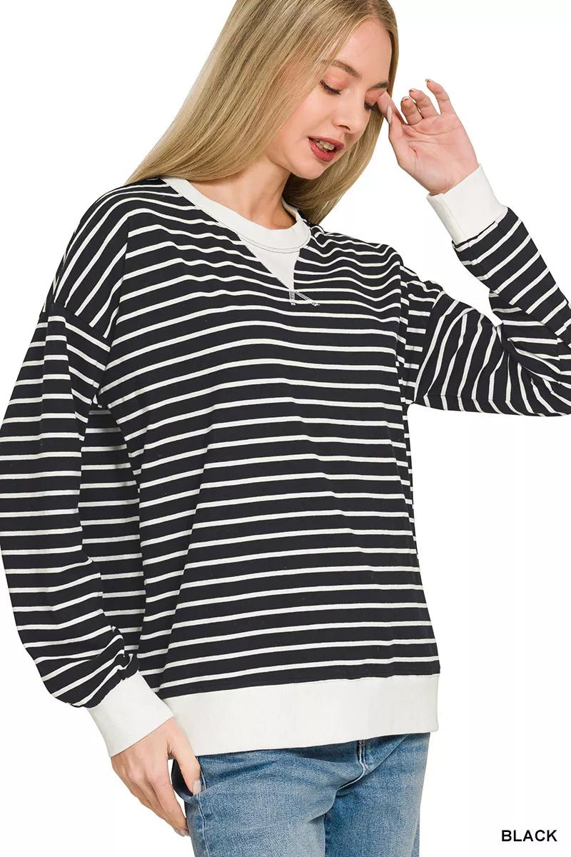 Zenana Contrast Striped Round Neck Sweatshirt - 