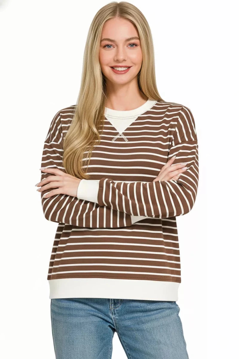 Zenana Contrast Striped Round Neck Sweatshirt - 