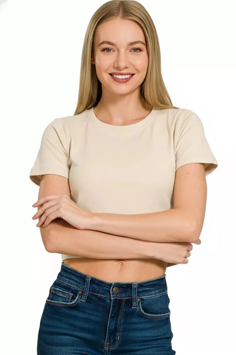 Zenana Cotton Short Sleeve Round Neck Cropped Top - 