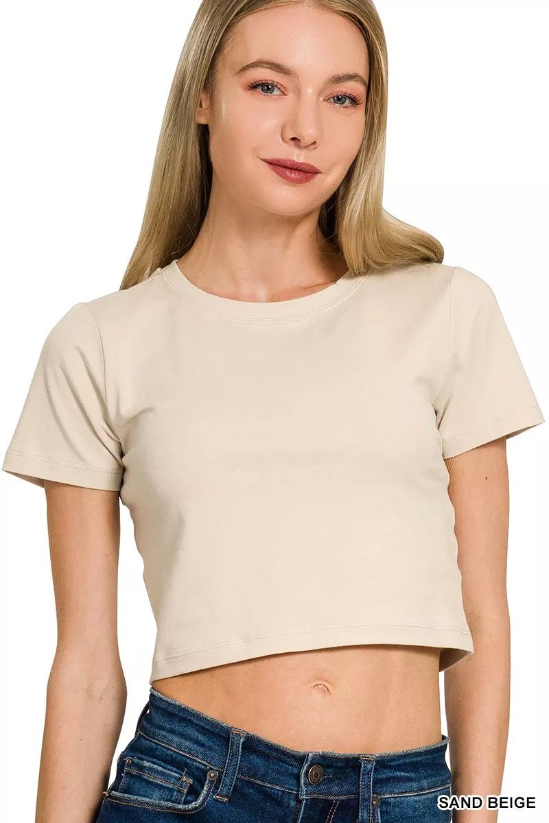 Zenana Cotton Short Sleeve Round Neck Cropped Top - 