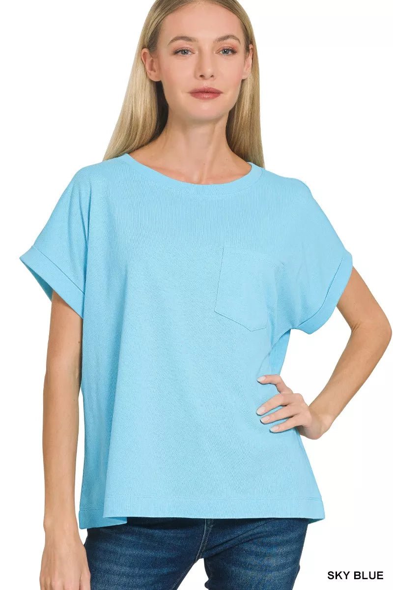 Zenana Cuffed Front Pocket Short Sleeve Tee - 