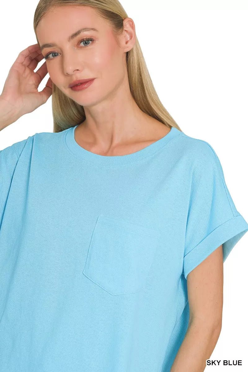 Zenana Cuffed Front Pocket Short Sleeve Tee - 