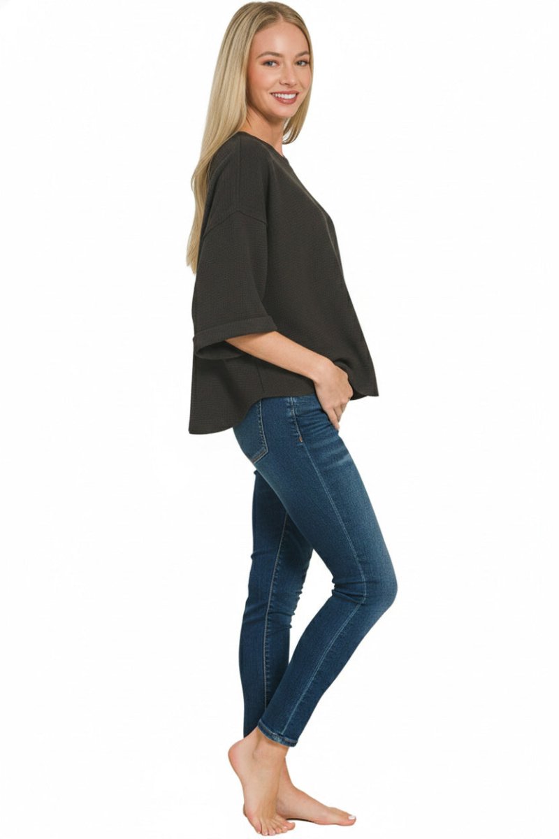 Zenana Double Knit Exposed Seam Curved Hem Top - 