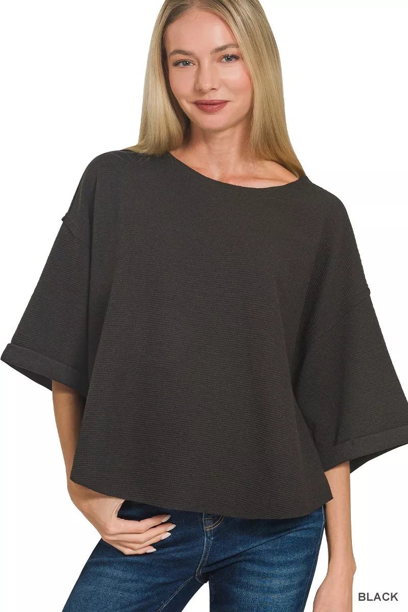 Zenana Double Knit Exposed Seam Curved Hem Top - 