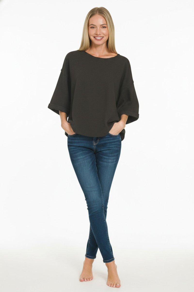 Zenana Double Knit Exposed Seam Curved Hem Top - 