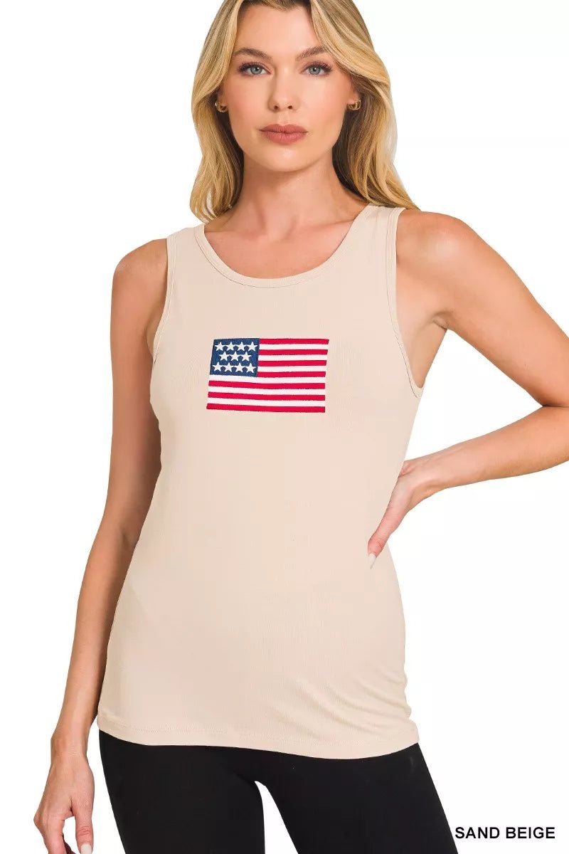 Zenana Double Scoop American Flag Embroidered Tank Top - 