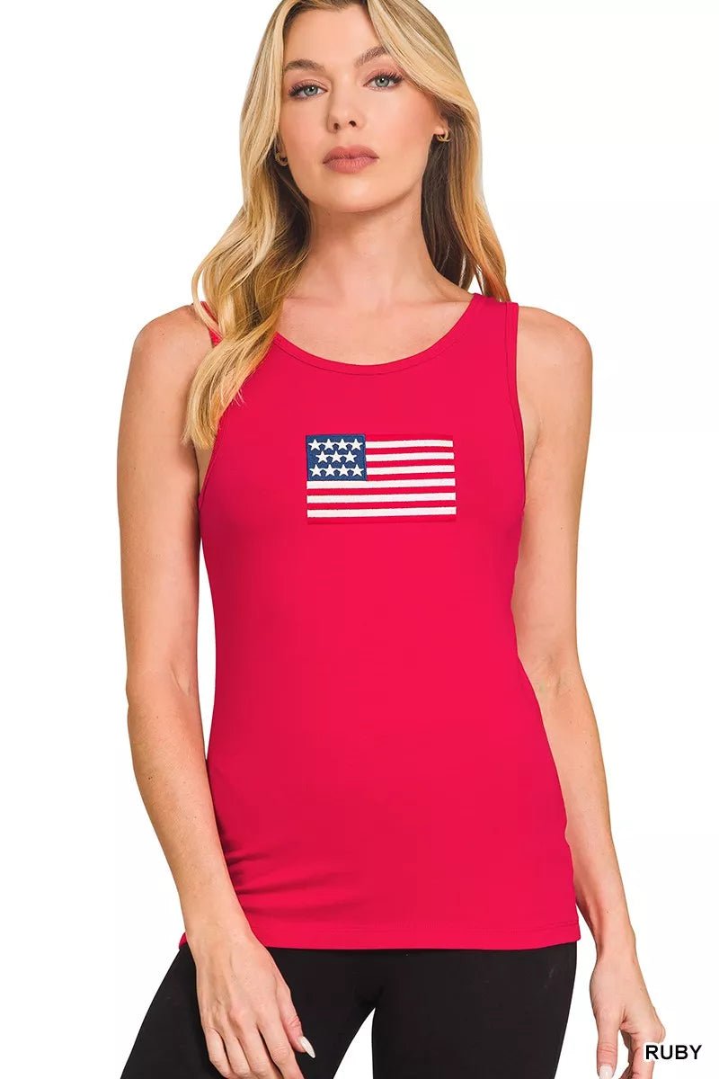 Zenana Double Scoop American Flag Embroidered Tank Top - 