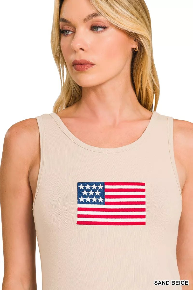 Zenana Double Scoop American Flag Embroidered Tank Top - 