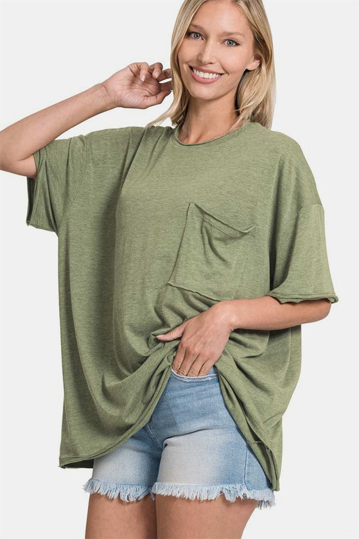 Zenana Drop Shoulder Oversized Front Pocket T-Shirt - Top