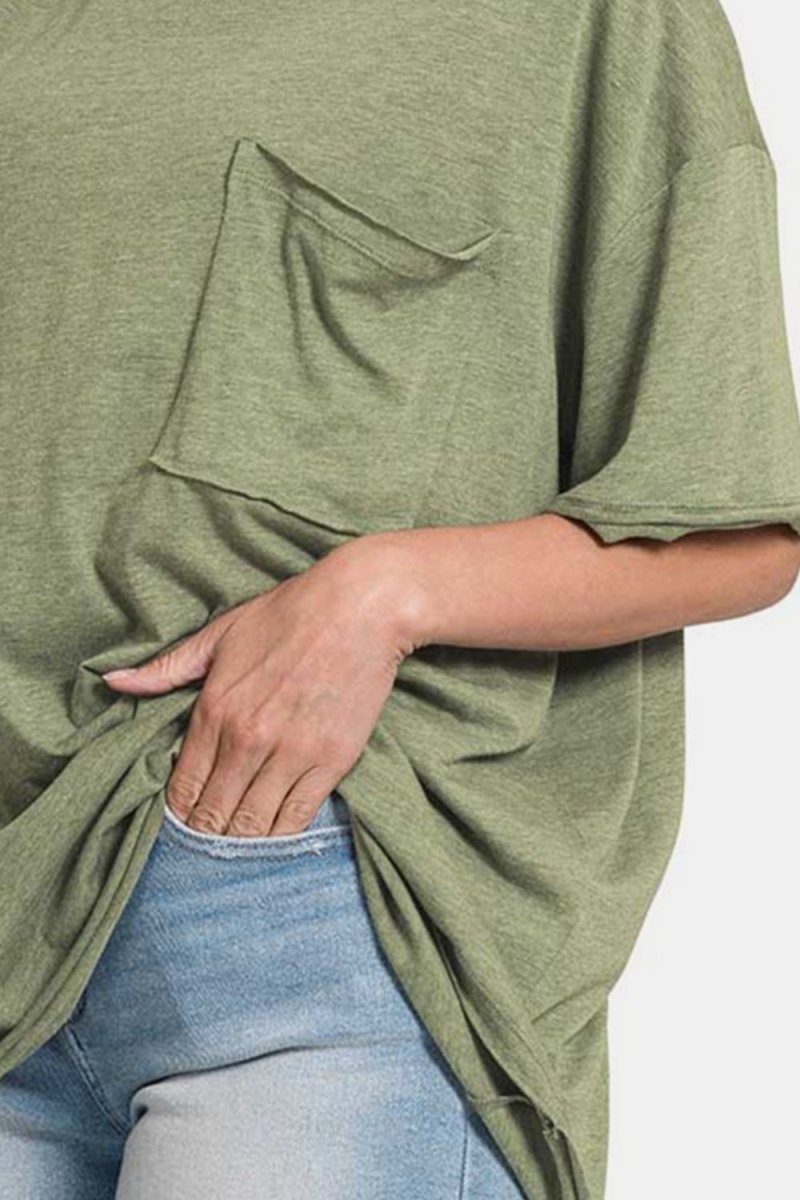 Zenana Drop Shoulder Oversized Front Pocket T-Shirt - Top