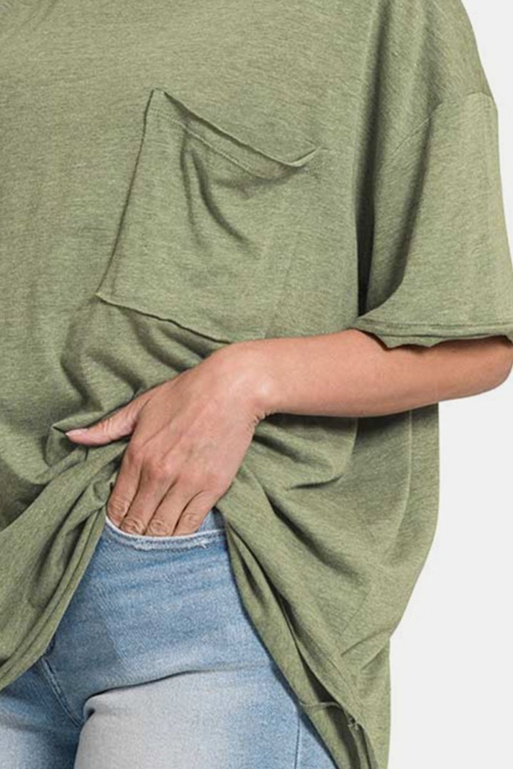 Zenana Drop Shoulder Oversized Front Pocket T-Shirt - Top