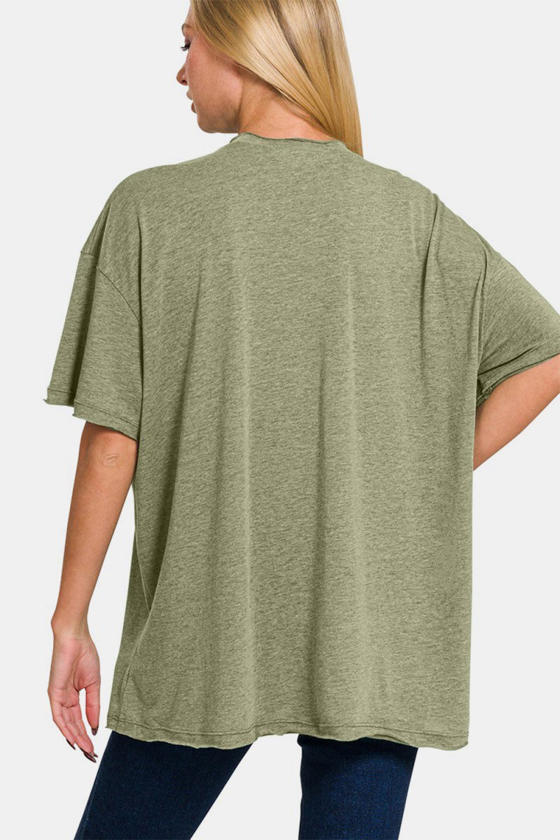 Zenana Drop Shoulder Oversized Front Pocket T-Shirt - Top