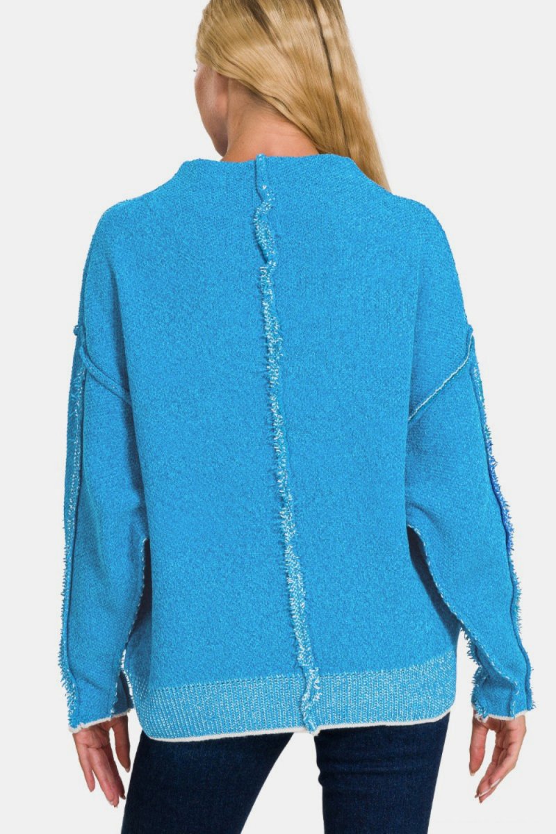 Zenana Exposed Seam Mock Neck Long Sleeve Sweater - Outerwear