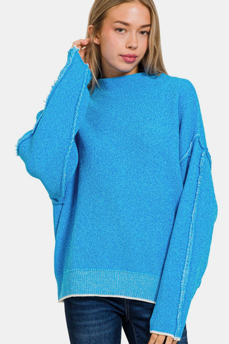 Zenana Exposed Seam Mock Neck Long Sleeve Sweater - Outerwear
