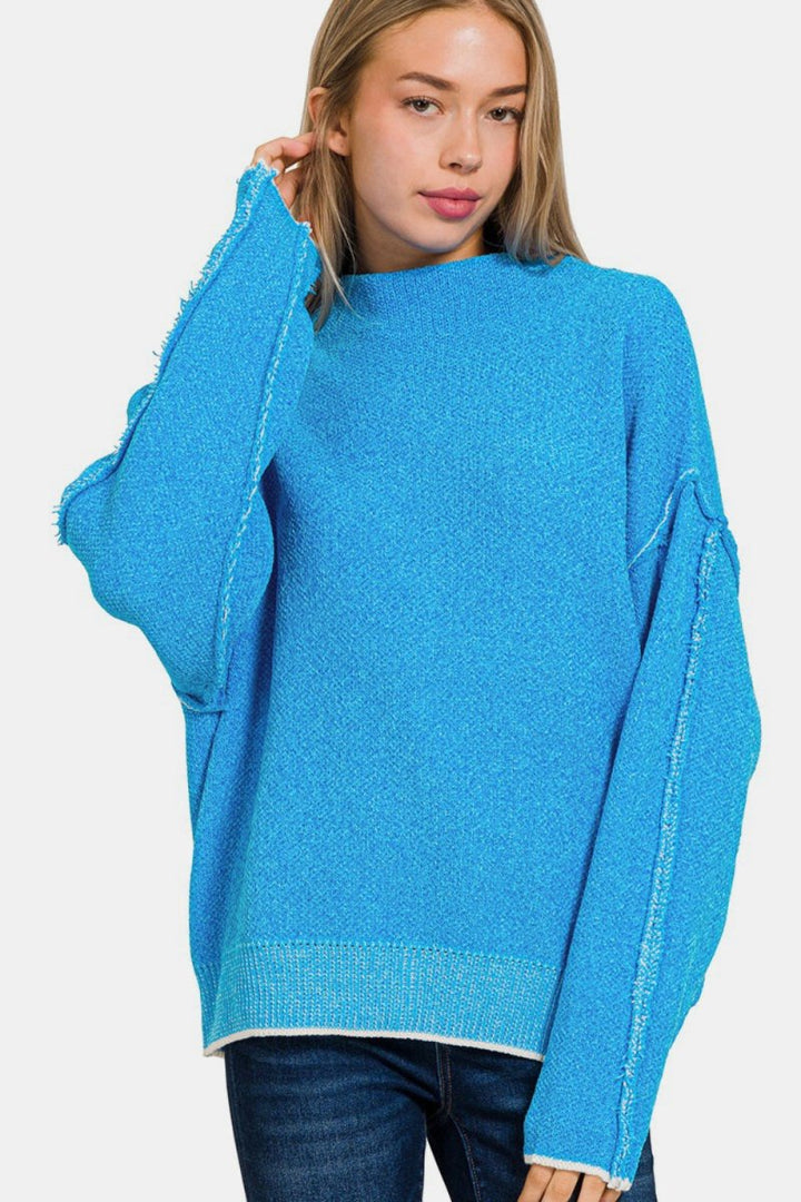 Zenana Exposed Seam Mock Neck Long Sleeve Sweater - Outerwear
