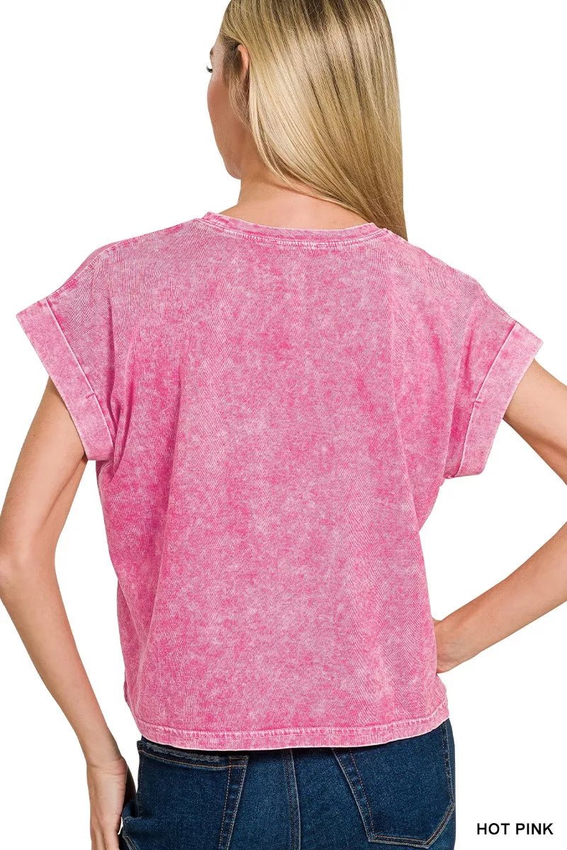 Zenana Halo Washed Cotton Cuffed Short Sleeve Top - 