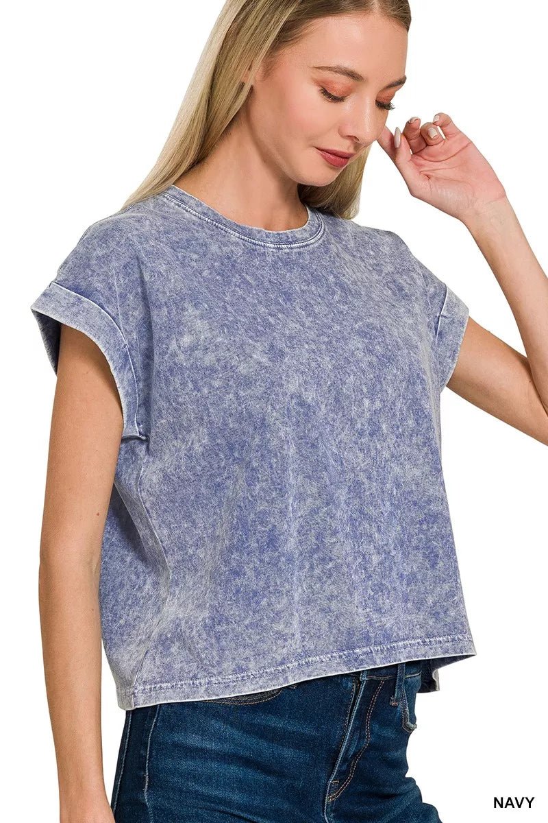 Zenana Halo Washed Cotton Cuffed Short Sleeve Top - 