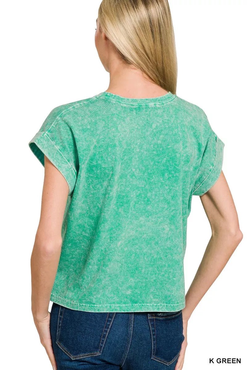 Zenana Halo Washed Cotton Cuffed Short Sleeve Top - 