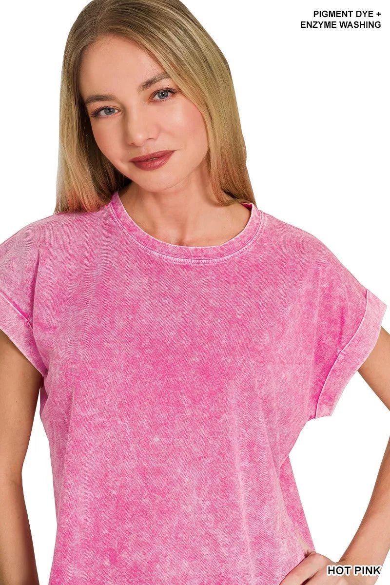 Zenana Halo Washed Cotton Cuffed Short Sleeve Top - 