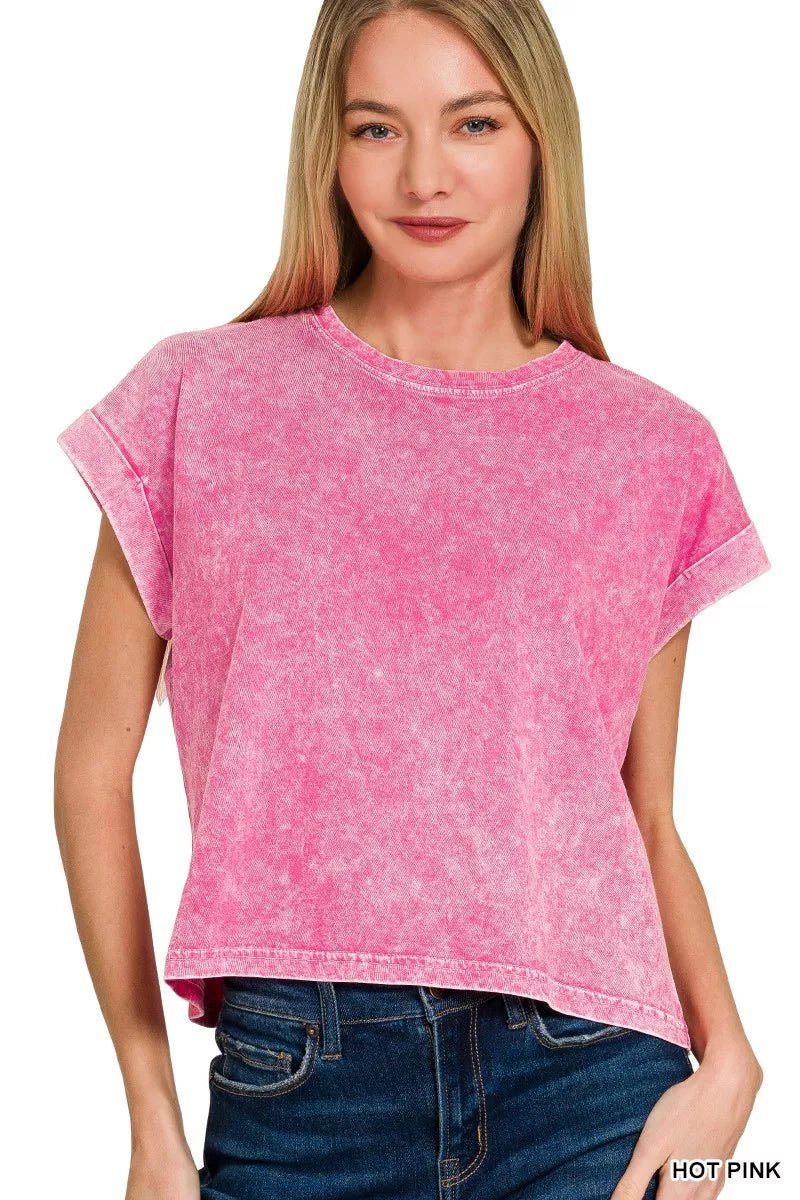 Zenana Halo Washed Cotton Cuffed Short Sleeve Top - 