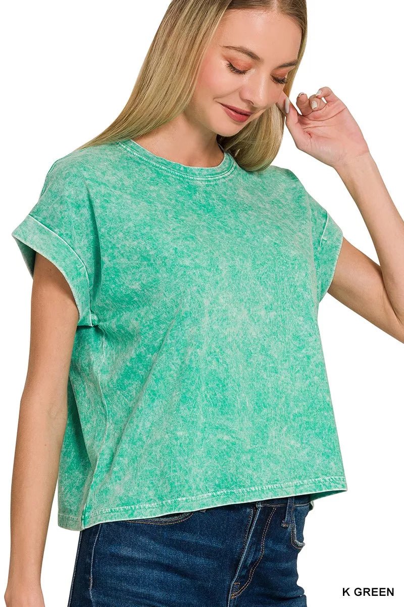 Zenana Halo Washed Cotton Cuffed Short Sleeve Top - 