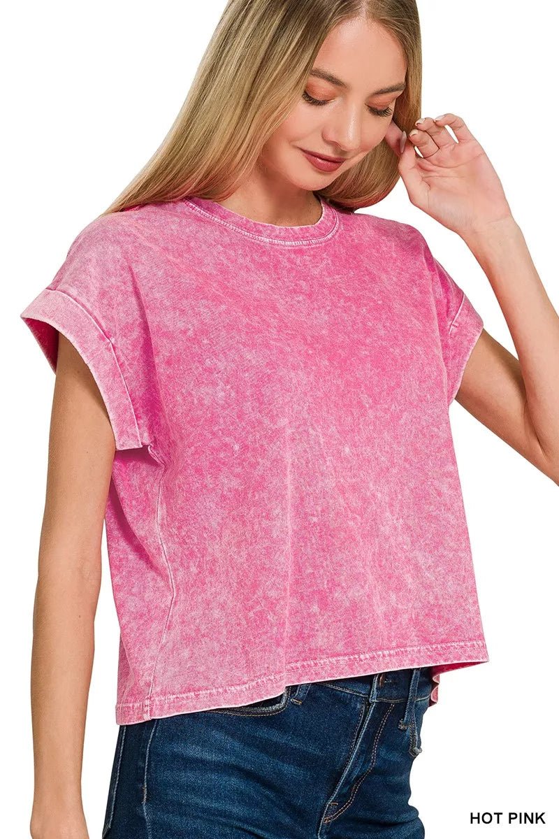Zenana Halo Washed Cotton Cuffed Short Sleeve Top - 