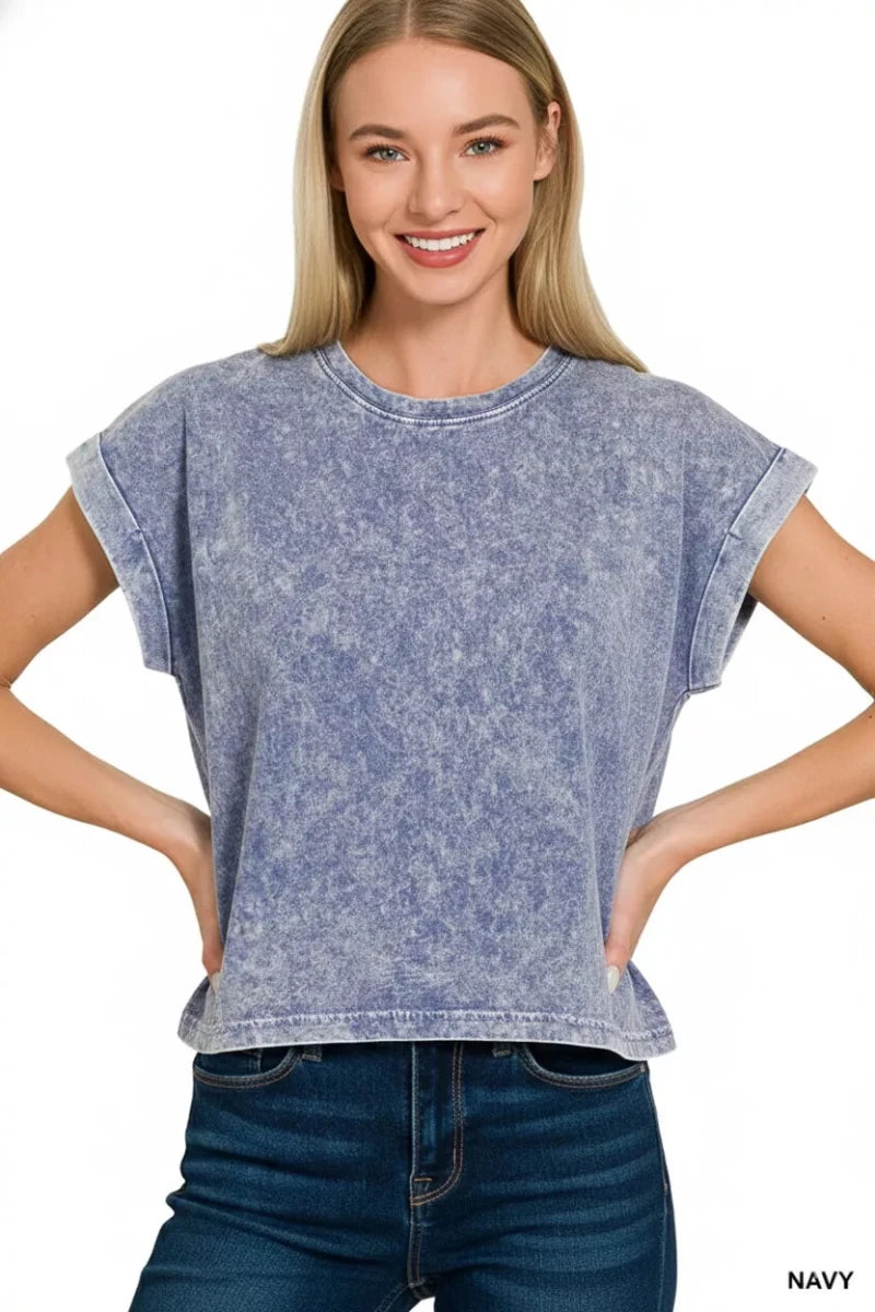 Zenana Halo Washed Cotton Cuffed Short Sleeve Top - 