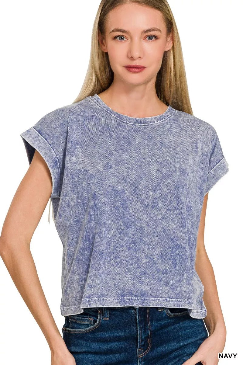 Zenana Halo Washed Cotton Cuffed Short Sleeve Top - 