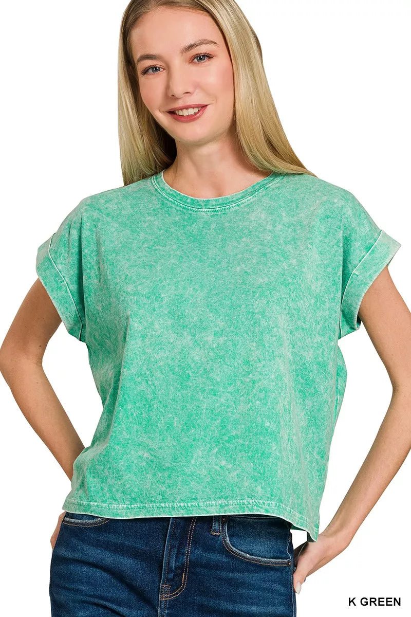 Zenana Halo Washed Cotton Cuffed Short Sleeve Top - 