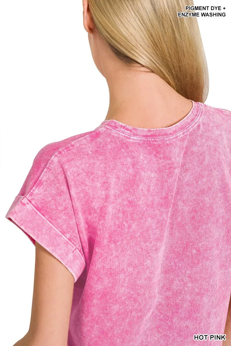 Zenana Halo Washed Cotton Cuffed Short Sleeve Top - 