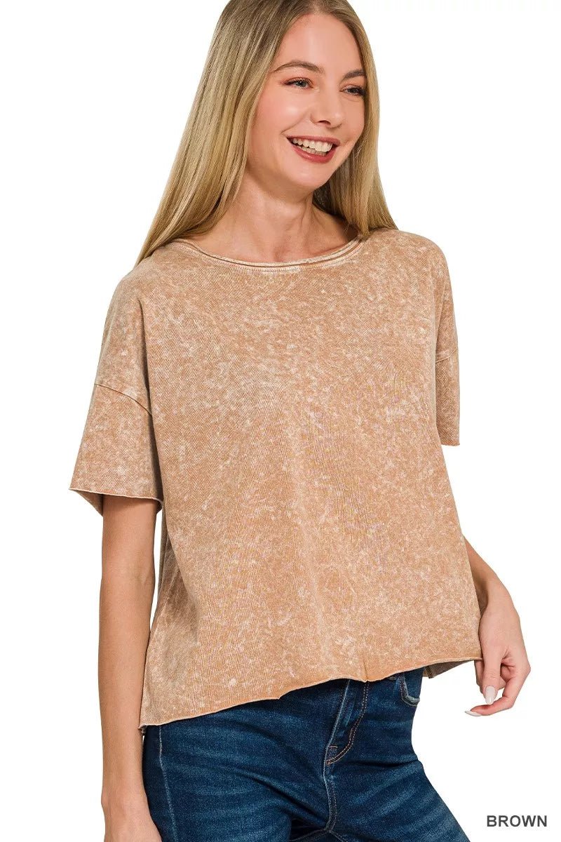 Zenana Halo Washed Cotton Short Sleeve Top - 