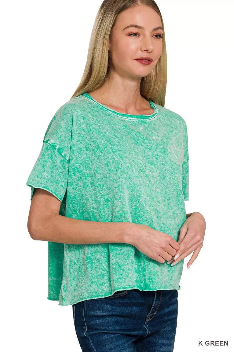 Zenana Halo Washed Cotton Short Sleeve Top - 