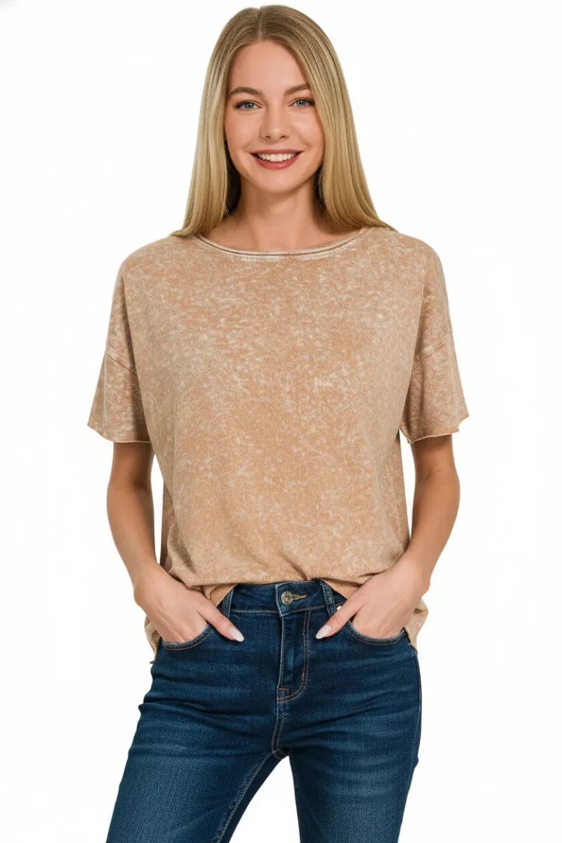 Zenana Halo Washed Cotton Short Sleeve Top - 